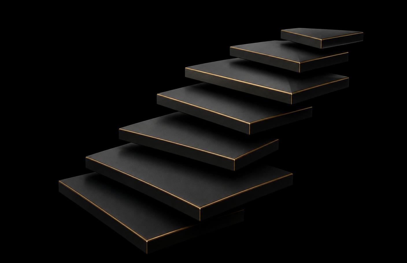 Abstrakte 3D-Darstellung gestufter Plattformen mit goldenen Kanten